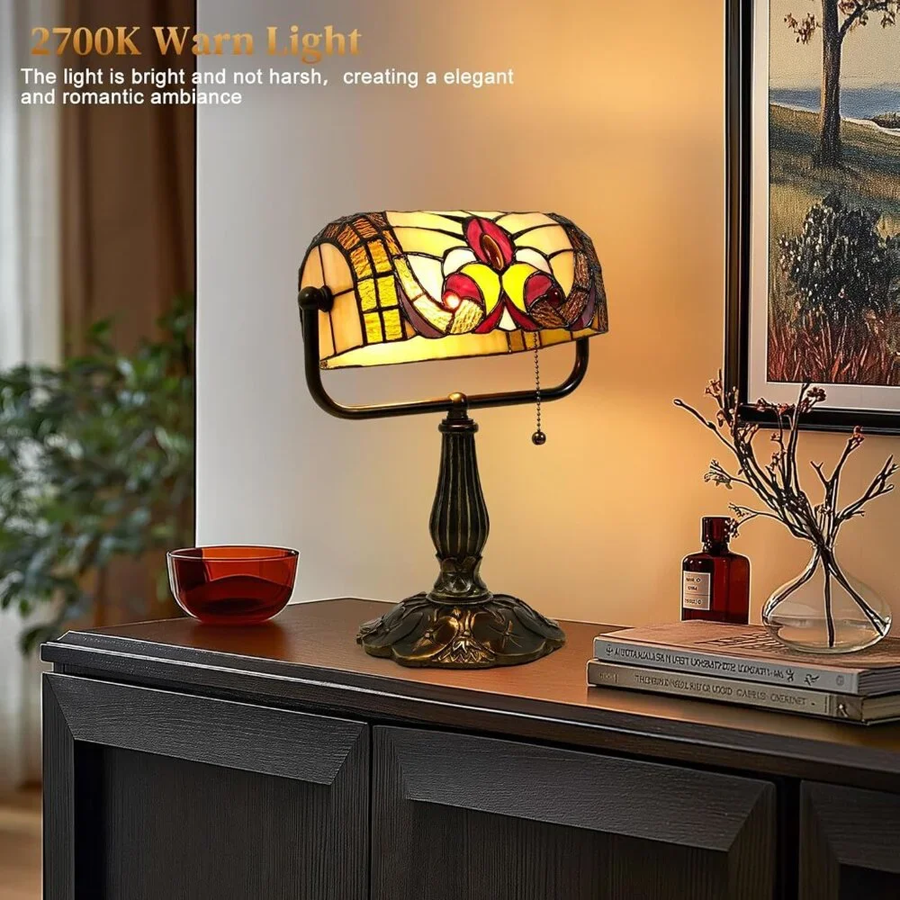 Tiffany Style Bankers Lamp - Stained Glass Desk Lamps with Baroque Design & Pull - Picture 2 of 7